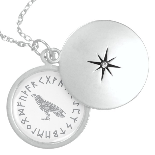 Odin Raven Crow Viking Mythology runes runic Locket Necklace (Front)