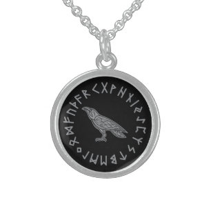 Odin Raven Crow Viking Mythology runes runic Sterling Silver Necklace