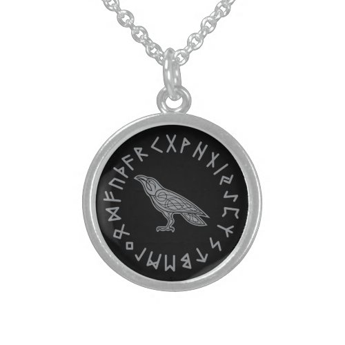 Odin Raven Crow Viking Mythology runes runic Sterling Silver Necklace