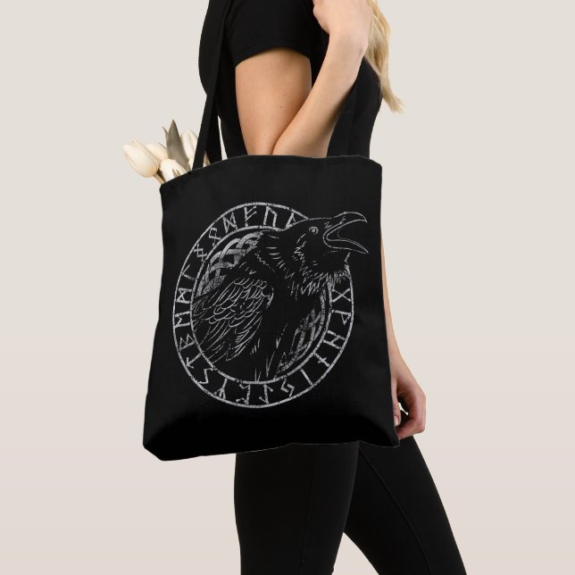 Odin Raven Crow Viking Mythology runes runic Tote Bag (Close Up)