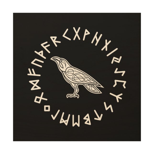 Odin Raven Crow Viking Mythology runes runic Wood Wall Art (Front)