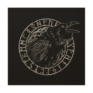 Odin Raven Crow Viking Mythology runes runic Wood Wall Art