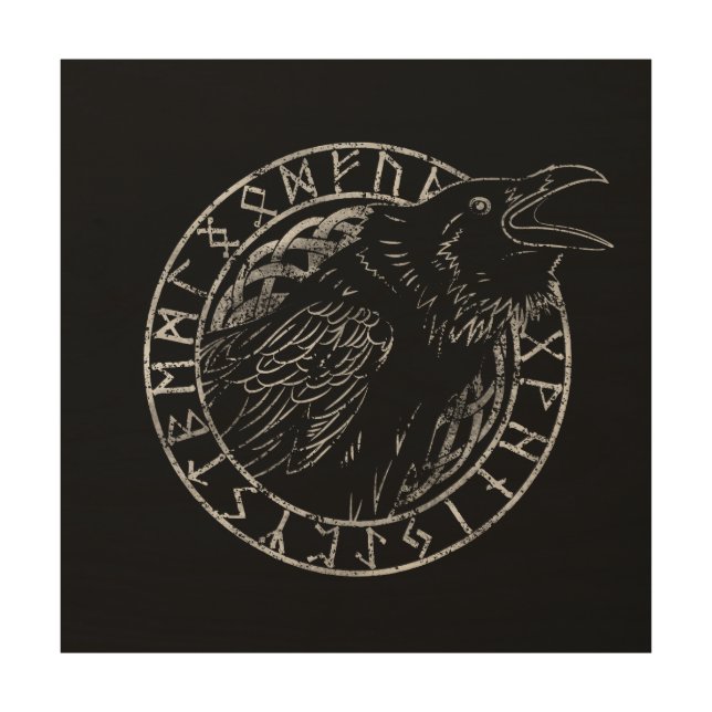 Odin Raven Crow Viking Mythology runes runic Wood Wall Art (Front)