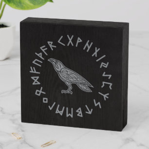 Odin Raven Crow Viking Mythology runes runic Wooden Box Sign