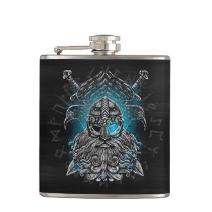 Odin Ravens and Swords Blue Luminous Eye Norse god Flask