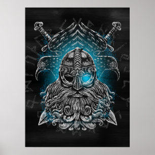 Odin Ravens and Swords Blue Luminous Eye Norse god Poster