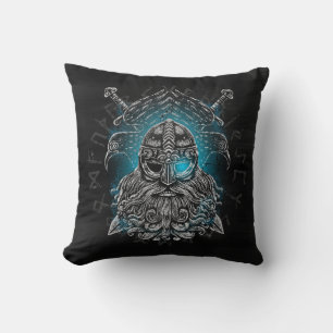 Odin Ravens and Swords Blue Luminous Eye Norse god Throw Pillow