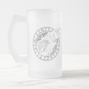Odin Ravens Huginn Muninn Viking Runic Circle Frosted Glass Beer Mug
