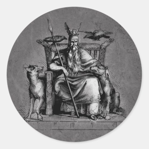 Odin ravens on his stone throne viking mythology classic round sticker