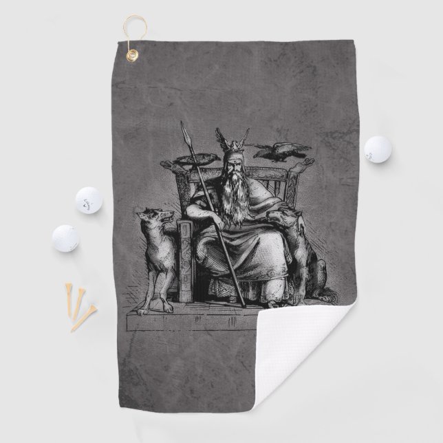 Odin ravens on his stone throne viking mythology golf towel (InSitu)