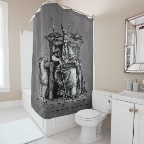 Odin ravens on his stone throne viking mythology shower curtain