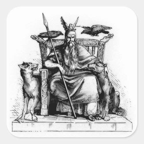 Odin ravens on his stone throne viking mythology square sticker