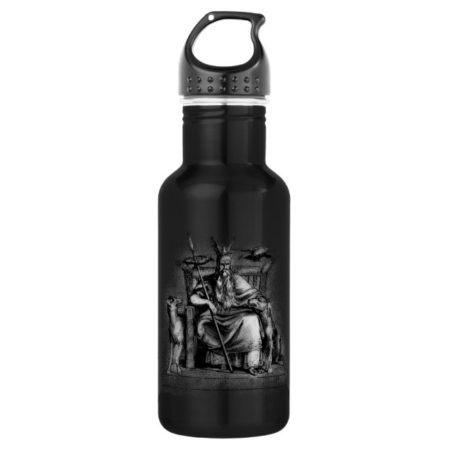 Odin ravens on his stone throne viking mythology stainless steel water bottle (Front)