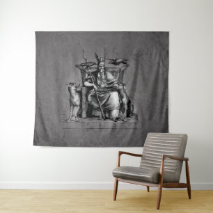 Odin ravens on his stone throne viking mythology tapestry