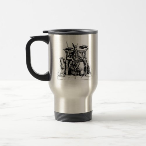Odin ravens on his stone throne viking mythology travel mug