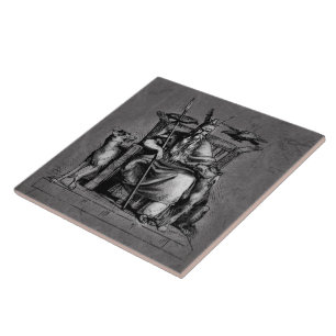 Odin Ravens on Stone Throne Viking Mythology Stone Ceramic Tile
