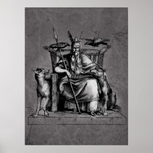 Odin Ravens on Stone Throne Viking Mythology Stone Poster
