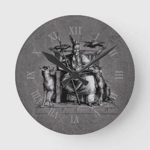 Odin Ravens on Stone Throne Viking Mythology Stone Round Clock