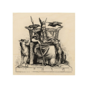Odin Ravens on Stone Throne Viking Mythology Stone Wood Wall Art