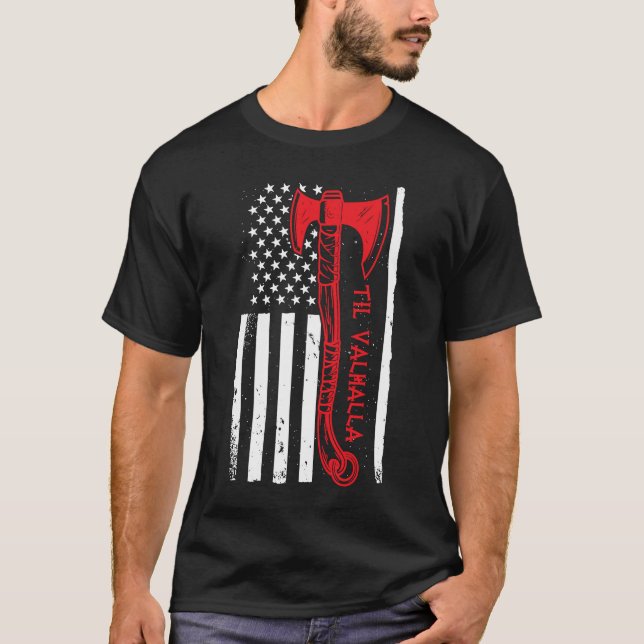 Odin Valhalla Viking Nordic mythology usa us flag T-Shirt (Front)