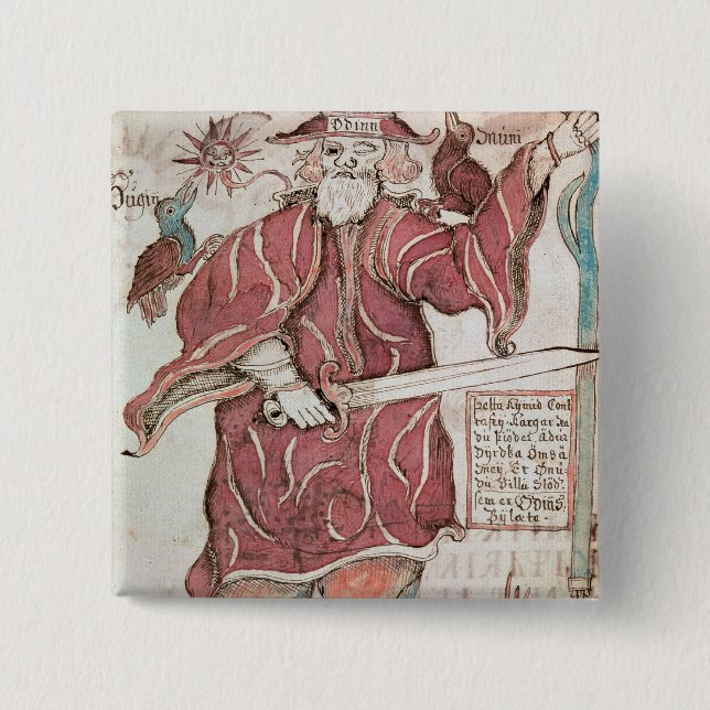 Odin, with his two crows, Hugin  and Munin Button (Front)