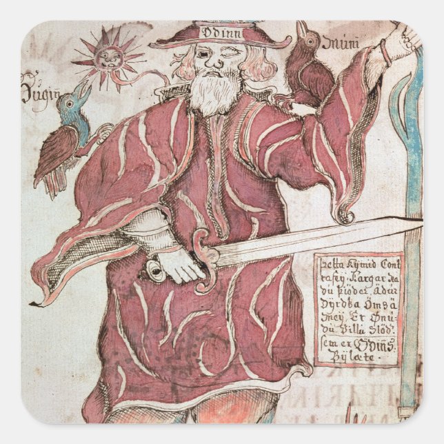 Odin, with his two crows, Hugin  and Munin Square Sticker (Front)