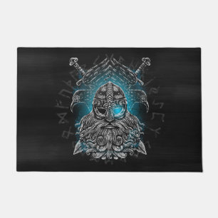 Odin with ravens and swords Viking Mythology blue Doormat