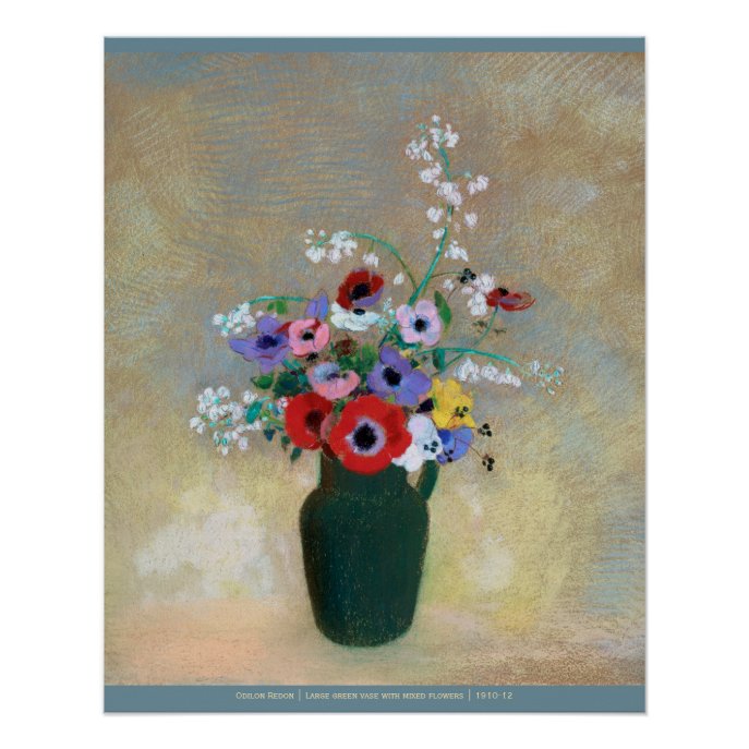 Odlion Redon Large green vase with mixed flowers Poster