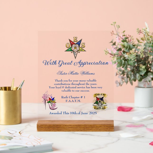 OES Appreciation Award Acrylic Sign (Wedding)