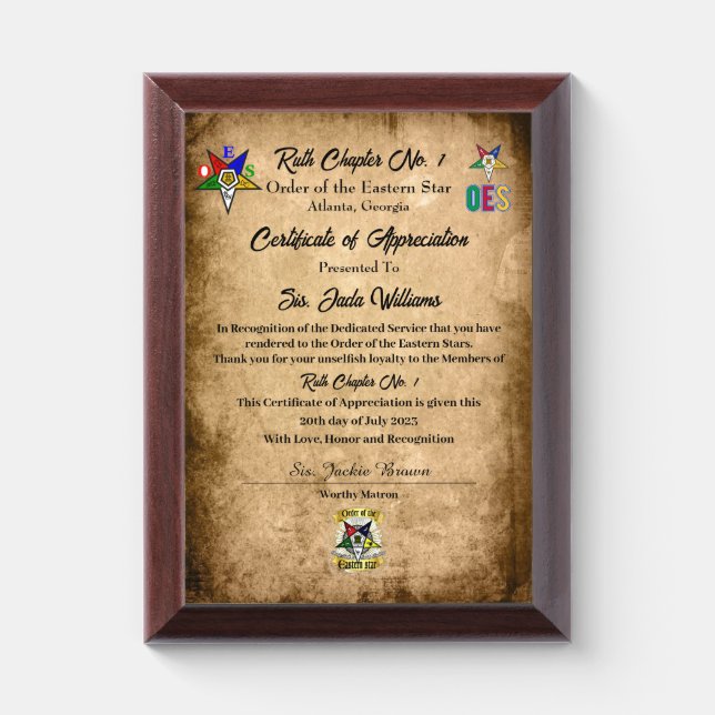 OES Certificate of Appreciation Award Plaque (Vertical)