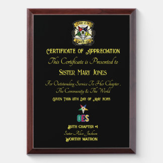OES Certificate of appreciation  Award Plaque