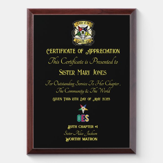 OES Certificate of appreciation  Award Plaque (Vertical)