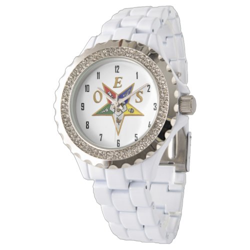 OES Custom Womens Rhinestone White Enamel Watch