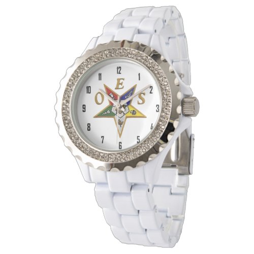 OES Custom Women's Rhinestone White Enamel Wrist Watch