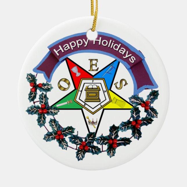 OES Holiday Wreath Ceramic Ornament (Front)