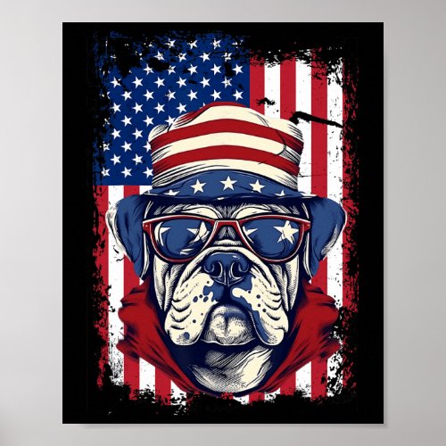 Of July Bulldog American Flag 4th July Bulldog Dog Poster