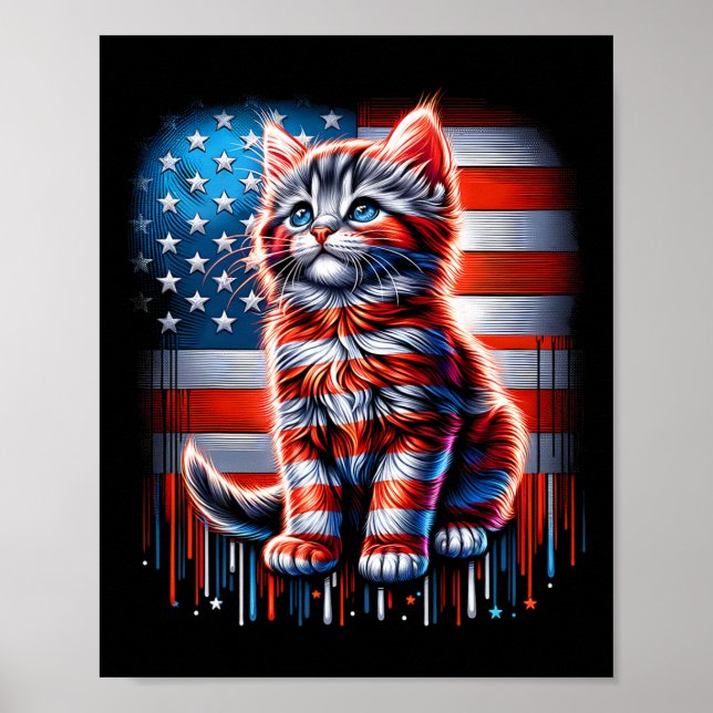 Of July Cat Usa Flag Cute Kitten Memorial Day Patr Poster (Front)