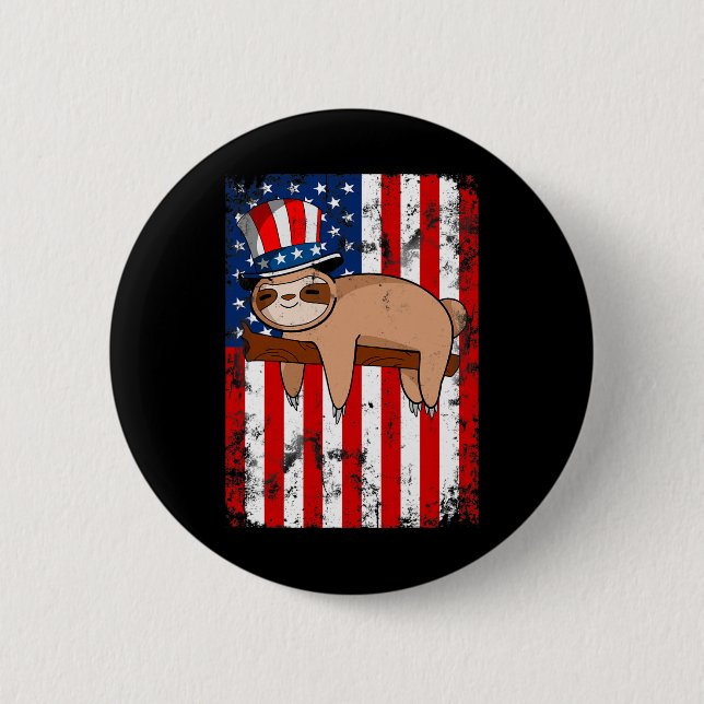 Of July Cute Sloth Usa American Flag Independence  Button (Front)