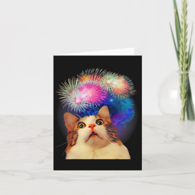 Of July Fireworks Enthralled Cat  Card (Front)