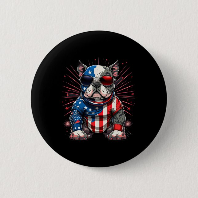 Of July Patriotic American Bully Dog Us Flag  Button (Front)