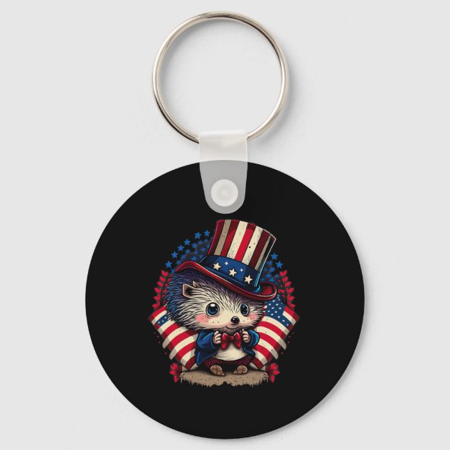 Of July Patriotic Hedgehog Us Flag  Keychain (Front)