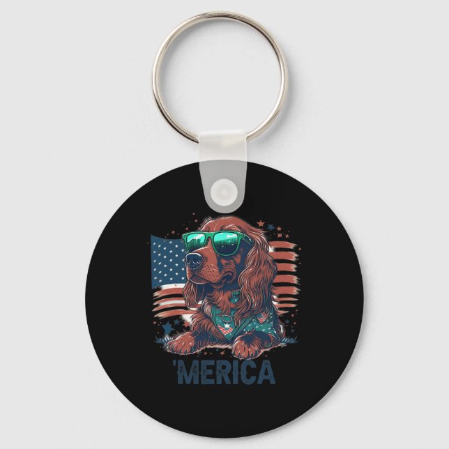Of July Patriotic Irish Setter Dog Merica  Keychain (Front)