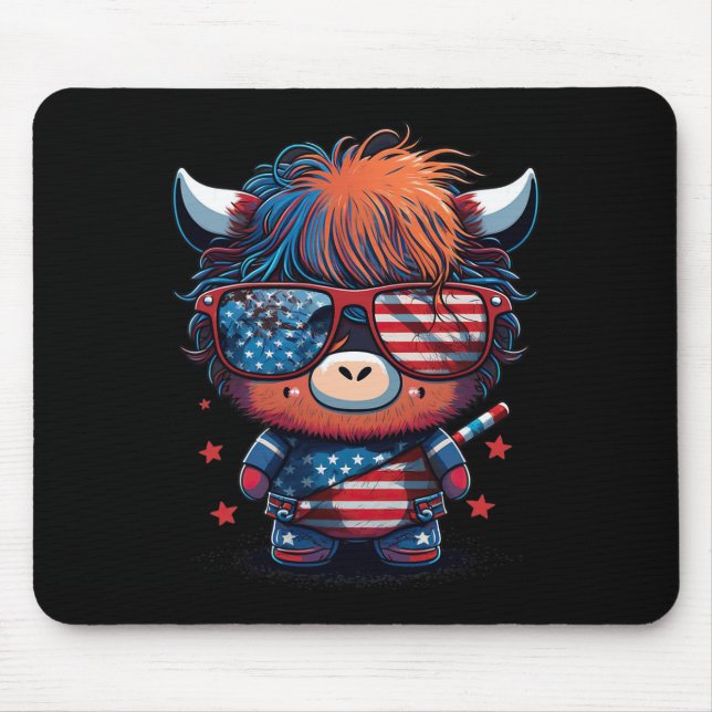 Of July Patriotic Scottish Highland Cow Us Flag  Mouse Pad (Front)