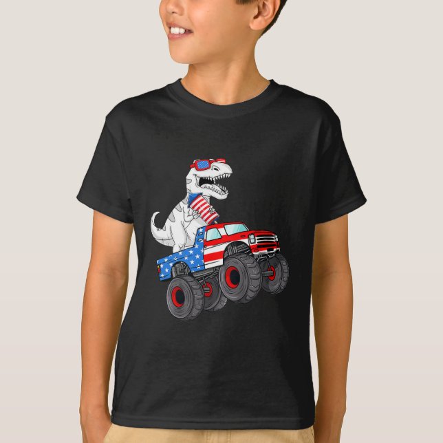 Of July T Rex Dino Trex Dinosaur Monster Truck Fir T-Shirt (Front)
