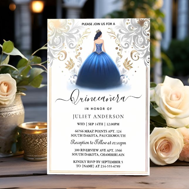 Of Ombre ivory Ice Sky Gold Royal Blue Quinceanera Invitation (Creator Uploaded)