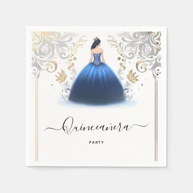Of Ombre ivory Ice Sky Gold Royal Blue Quinceanera Napkins (Front)