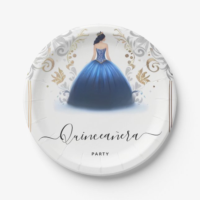 Of Ombre ivory Ice Sky Gold Royal Blue Quinceanera Paper Plates (Front)
