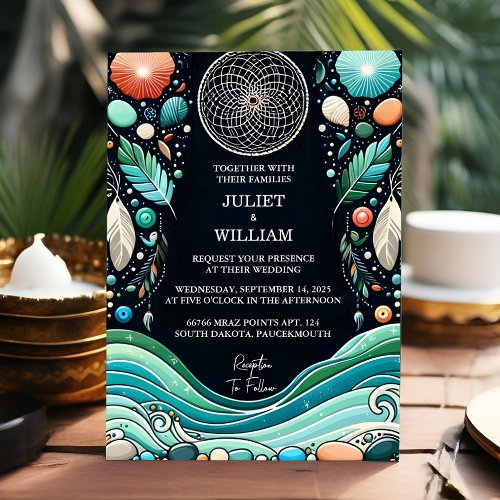 Of Tribal Aqua Sand Work Stacked Sea Glass Wedding Invitation