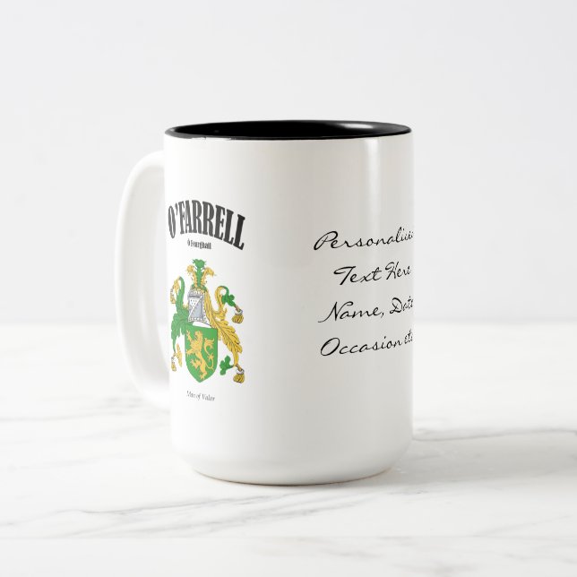 O'Farrell Family Crest, Translation & Meaning Two-Tone Coffee Mug (Front Left)