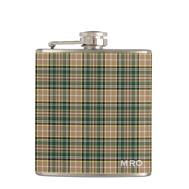 O'Farrell Tartan Monogram Green and Tan Plaid Flask (Front)